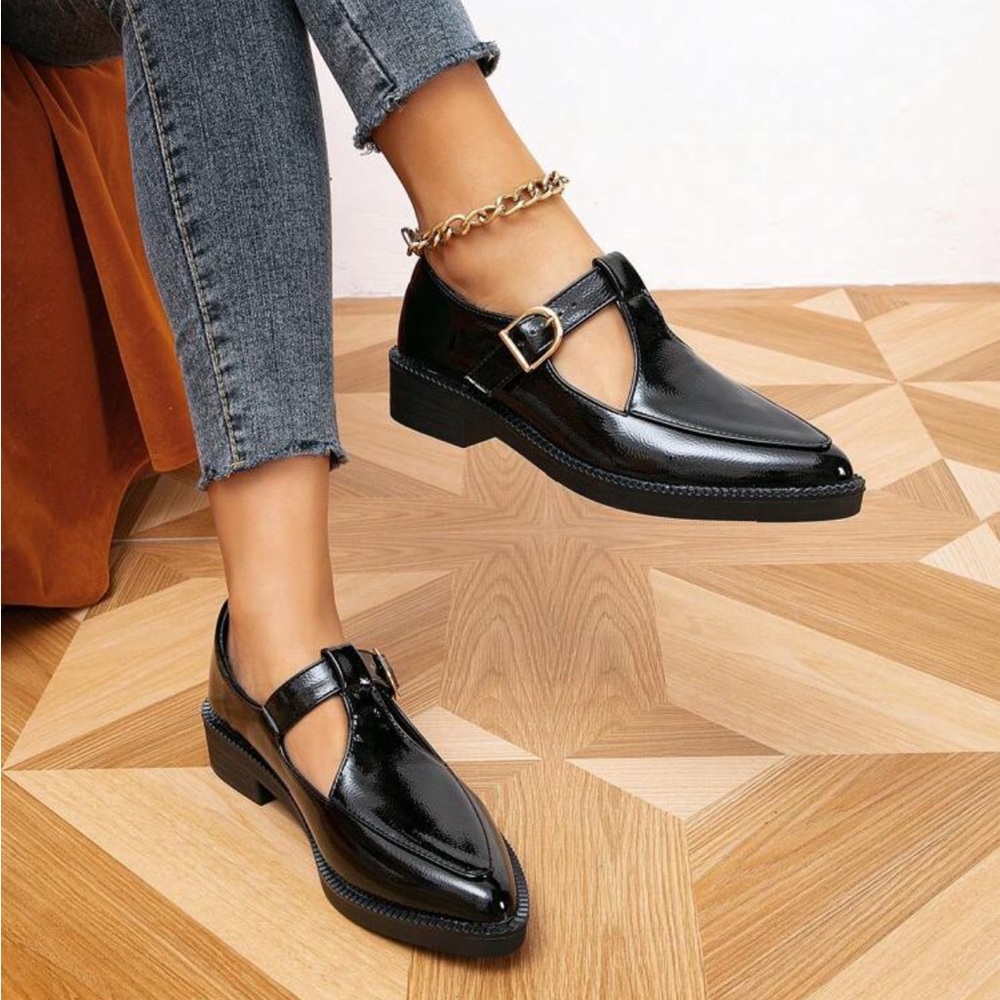 Women's Flat Chunky Heel Pointed Toe Brogue Loafers, Slip On Block Oxfords Shoes - Picture 1 of 13